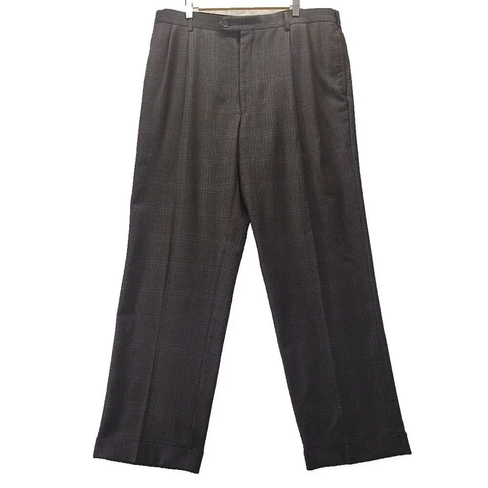 Jos A Bank Mens 40x32 Gray Blue Plaid Signature Wool Pleated Cuffed Dress Pants